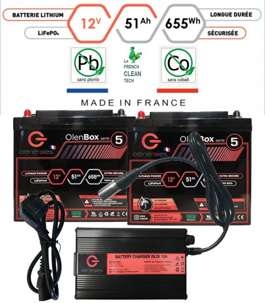 Pack de deux batteries LiFePO4 51 Ah et chargeur 10 ampères d’Olenergie pour scooter électrique handicapé, PMR ou personne âgée