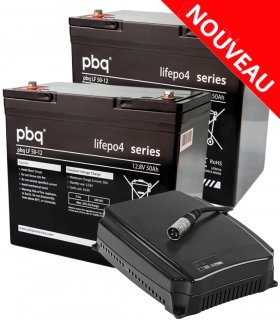 Pack de deux batteries pbq LF 50 Ah et chargeur 8 ampères pour scooter électrique handicapé, PMR ou personne âgée