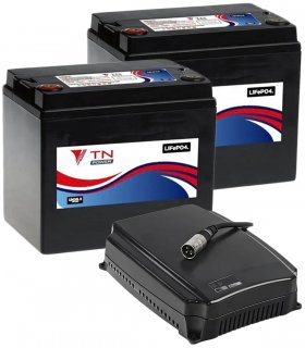 Pack de deux batteries LiFePO4 33 Ah et chargeur 8 amp. pour scooter électrique PMR, senior, handicapé ou personne âgée