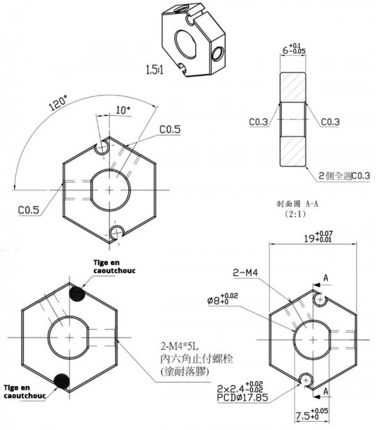Dimension bague, écrou, douille hexagonal pour scooter électrique handicapé PMR, senior ou mobilité réduite
