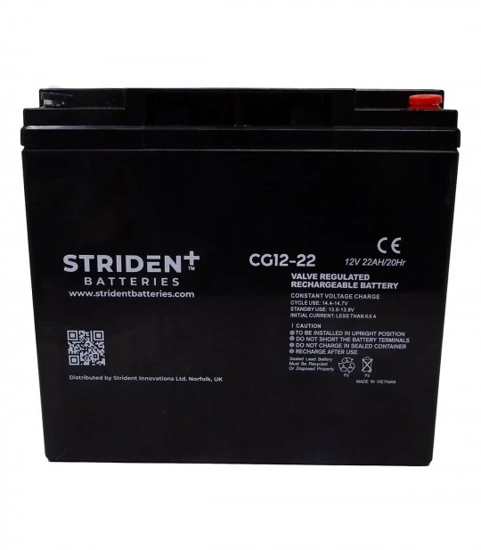 Batterie Gel-carbon Strident CG12-22 de face pour scooter électrique senior, personne handicapée ou de mobilité réduite